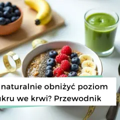 Zdrowy posiłek z owocami i zielonym koktajlem. Poznaj domowy sposób na obniżenie cukru we krwi.