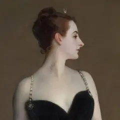 Sargent's portrait of Madame X, a striking woman in a black gown with jeweled straps, her profile turned away, exuding an air of mystery.