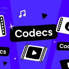 Play icons and film strips surround the word "Codecs," hinting at video file formats like .avi.