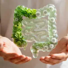 Mani che sorreggono un intestino stilizzato, verde e rigoglioso, simbolo di salute e benessere, suggerendo una **candida intestinale cura definitiva**.