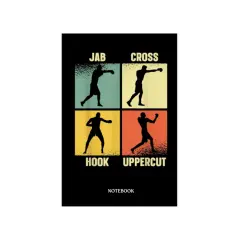 Fyra boxningsslag: jab, cross, hook och uppercut, illustrerade i silhuett mot färgglada bakgrunder.