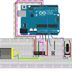 Układ z Arduino UNO, silnikiem DC, układem L931 i przyciskiem na płytce stykowej. Mostek H steruje silnikiem.