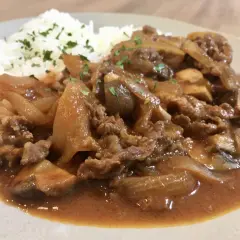 A plate of Hayashi Rice, featuring tender beef and onions in a rich demi-glace sauce served over fluffy white rice, garnished with parsley.