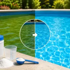 Piscina verde trasformata in blu brillante. Prodotti per trattare l'acqua e capire come abbassare il pH della piscina.