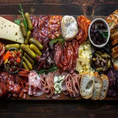 Plateau garni de charcuteries variées, fromages, cornichons, olives et pains grillés. Idéal pour savoir quoi manger avec de la charcuterie.