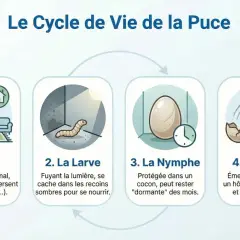 Le cycle de vie de la puce : œuf pondu sur un animal, puis larve se cachant dans les recoins sombres, nymphe dans un cocon, et enfin l'adulte qui saute sur un hôte.
