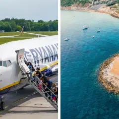 Samolot Ryanair na lotnisku i zamek nad morzem w Kalabrii.