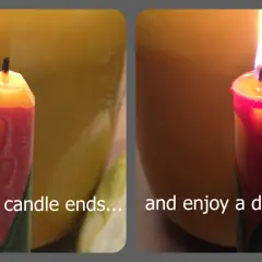 Two images of a red and yellow candle. The left shows an unlit candle with a burnt wick. The right shows a lit candle with a clean flame, demonstrating what are dripless candles.