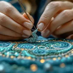Mains délicates travaillant une broderie complexe. Un projet de broderie prénom facile prend forme avec des fils bleus et dorés.