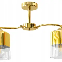 Elegancka lampa szklana loft w złotym kolorze, z dwoma kloszami i widoczną żarówką.