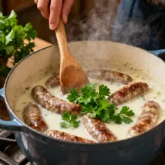 Saucisses dorées mijotant dans une sauce crémeuse au vin blanc, garnies de persil frais. Un délice fumant prêt à être dégusté.