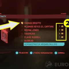 Interfejs gry Cyberpunk 2077: lista kontaktów, gdzie cel pal to nawiązanie kontaktu z Maman Brigitte.