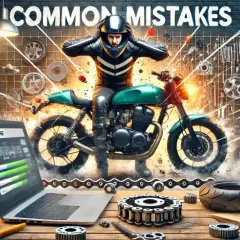Motociclista in officina, circondato da pezzi di ricambio e attrezzi. Sullo schermo del laptop, un elenco di "Common Mistakes" e un codice OEM.