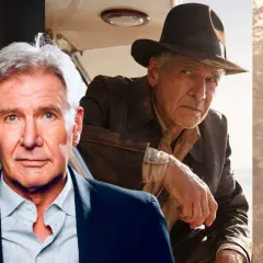 Harrison Ford in verschiedenen Rollen, darunter Indiana Jones, mit Hut und Lederjacke.