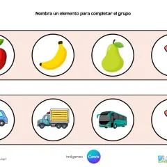 Dos filas de círculos. La superior muestra una manzana, un plátano, una pera y un signo de interrogación. La inferior muestra un coche, un camión, un autobús y un signo de interrogación. Ayuda a completar el dibujo.