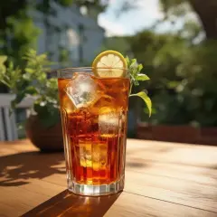 Orzeźwiający drink z sheridanem, lodem i plasterkiem cytryny na drewnianym stole w ogrodzie.