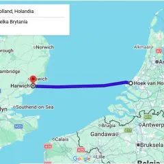 Trasa promowa z Hoek van Holland (Holandia) do Harwich (Wielka Brytania) zaznaczona na mapie.