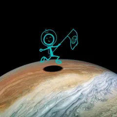 Rysunkowy astronauta biegnie po Jowiszu, niosąc flagę. Nawet przy ekstremalnej jowisz temperatura, jego cień jest wyraźny.