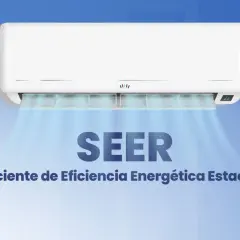Un aire acondicionado emite aire fresco. El texto explica el SEER, siglas de Coeficiente de Eficiencia Energética Estacional.