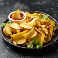 Chrupiące frytki ziemniaczane na talerzu z ketchupem i natką pietruszki.