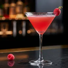 En elegant fransk martini med hallon som garnityr, serverad i ett martiniglas på en mörk bänk.
