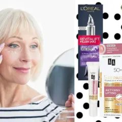 Kobieta aplikuje krem pod oczy, szukając rozwiązania na wory. Obok kosmetyki L'Oréal, Vichy i AA.