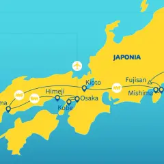 Mapa Japonii z zaznaczoną trasą wycieczki objazdowej: Tokio, Kamakura, Atami, Mishima, Fudżisan, Kioto, Osaka, Himeji, Kobe, Hiroszima.