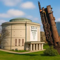 Rdzewiejący pociąg przechyla się obok budynku muzeum we Wrocławiu. Obok znajduje się kawiarnia.