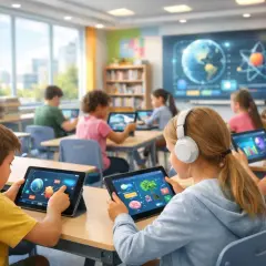 Kinder lernen mit Tablets im Unterricht. Auf den Bildschirmen sind bunte Grafiken und Bilder zu sehen, die das Wissen vermitteln.