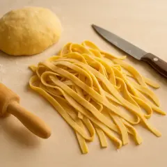Masa de harina lista para hacer pasta fresca, junto a un rodillo y un cuchillo.