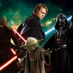Kylo Ren, Anakin Skywalker, Yoda i Darth Vader w kosmicznej scenerii. Idealni bohaterowie do najlepszych gier Star Wars.