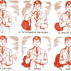 Ilustracja pokazuje chłopca w garniturze, który uczy się, jak się przeżegnać, wykonując kolejne gesty.