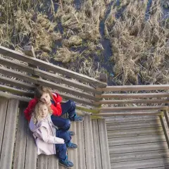 Dwoje dzieci siedzi na drewnianych schodach przy bagnistym terenie. Starsza dziewczynka przytula młodszą, jakby to było ich pierwsze bagno całowanie.