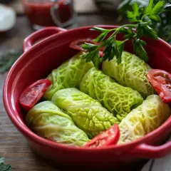 Choux verts au four prêts à cuire, garnissent un plat rouge avec des tomates et du persil frais.