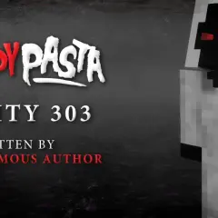 Postać z gry Minecraft, Entity 303, w białym stroju z czarną maską i czerwonymi oczami.