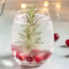 Ein erfrischender Snow Globe Cocktail mit Cranberries und Rosmarin, der wie ein winterlicher Zauber aussieht.
