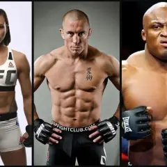 Three UFC fighters: a woman in flyweight gear, a muscular man in featherweight attire, and a powerful heavyweight.