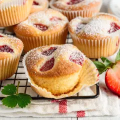 Puszyste muffiny z truskawkami, posypane cukrem pudrem, prezentują się apetycznie na kratce. Obok leżą świeże truskawki.