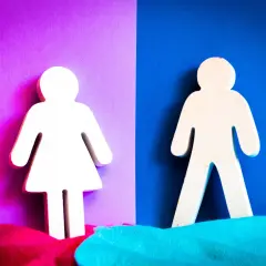 Two figures, one representing women, stand on a purple background, symbolizing the progress of federally employed women.