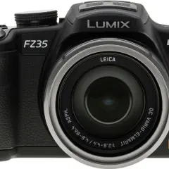 Front view of a black Panasonic Lumix DMC-FZ35K digital camera with a prominent Leica lens.