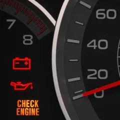 Kontrolki świecą: akumulator, ciśnienie oleju i "check engine". Auto nie odpala, co sugeruje poważny problem.