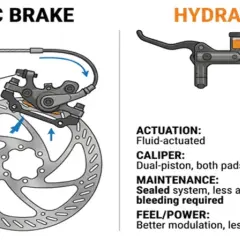 Diagrams compare mechanical and hydraulic disc brakes. Hydraulic fluid is not compressible, enabling better modulation and less lever force.