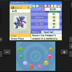 Gabite, pokemon typ wodny, na ekranie gry. Jego statystyki i umiejętność "Sand Veil" są widoczne.