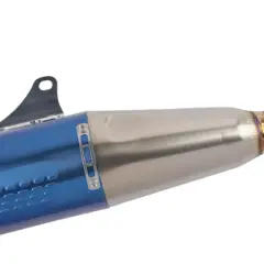 Niebieski tłumik FMF 4.1 z włóknem węglowym i logo FMF.