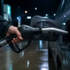 Main tenant une pompe à essence pour remplir ma voiture. Je me demande si je prends du e5 ou du e10 pour ma voiture.