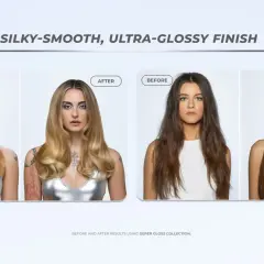 Dos mujeres antes y después de un baño de color, mostrando un cabello liso y brillante.