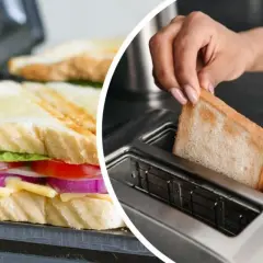 Kanapka z serem i warzywami w opiekaczu obok kromki chleba wkładanej do tostera. Czy chleb tostowy jest zdrowy?