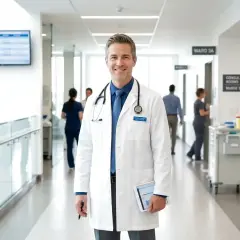 Uśmiechnięty lekarz w białym kitlu z tabliczką "Dr. David Leonardo" trzyma tablet. W tle szpitalny korytarz, gdzie widać personel i tabliczki "Ward 3A", "Consultation Rooms", "Nurse Station". Zastanawiasz się, ile zarabia lekarz?