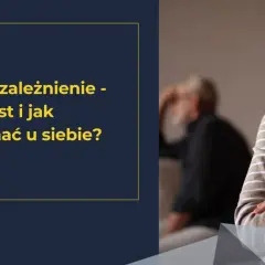 Zamyślona kobieta, być może osoba współuzależniona, wpatruje się w dal. Na ekranie tekst: "Współuzależnienie - czym jest i jak rozpoznać u siebie?".