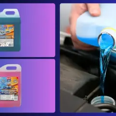 Se puede mezclar anticongelante con agua. Líquido azul se vierte en el motor de un coche. Hay dos bidones de anticongelante de diferentes colores.